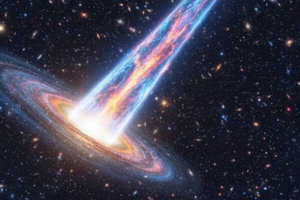 Quasares gigantes exibem jatos que ultrapassam milhões de anos-luz. (Imagem: Gerada por IA/ Gemini)