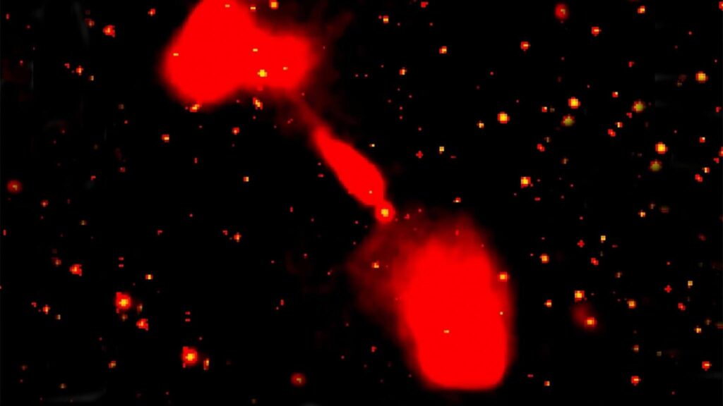 Ambiente cósmico molda o formato e a força dos jatos de rádio. (Imagem: Souvik Manik, Netai Bhukta, Sabyasachi Pal e Sushanta K. Mondal)
