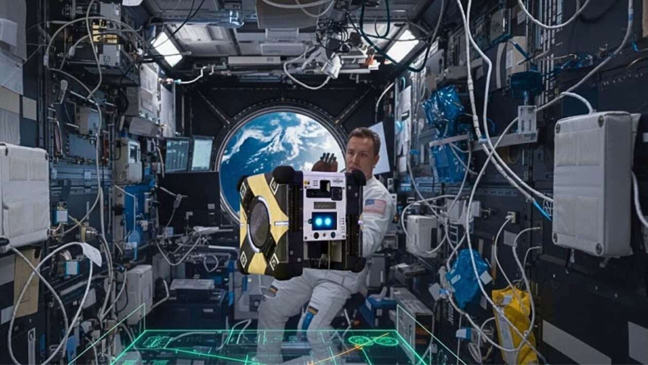Astrobee usa IA para navegar com segurança pelos módulos da ISS (Imagem: Gerada por IA/ Gemini)