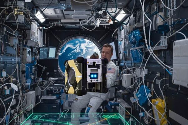 Astrobee usa IA para navegar com segurança pelos módulos da ISS (Imagem: Gerada por IA/ Gemini)