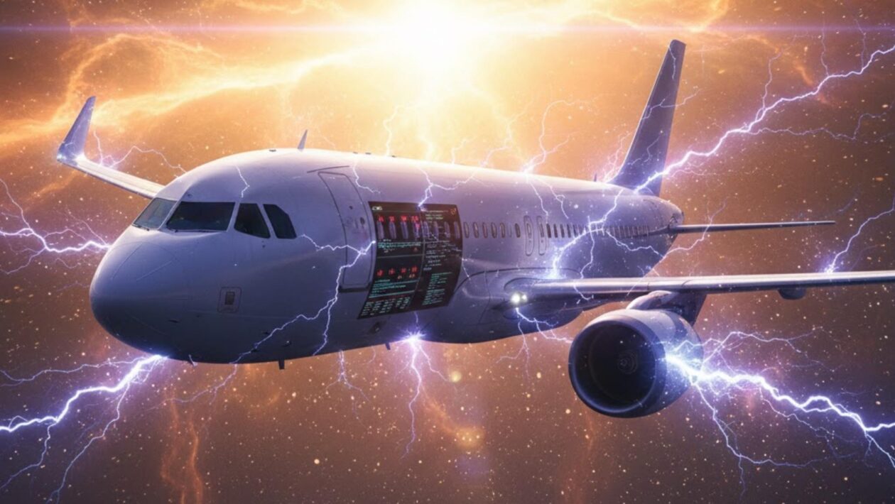 Tempestade solar histórica eleva radiação a altitudes de aviões (Imagem: Gerada por IA/ Gemini)