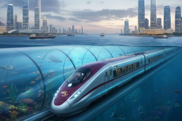 Trem submarino chinês promete travessia em 40 minutos sob o oceano (Imagem: Gerada por IA/ Gemini)