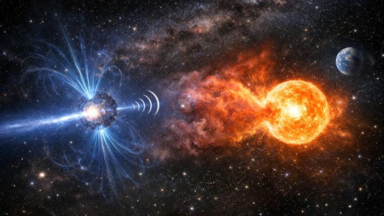 Rajadas de rádio revelam estrela companheira oculta no espaço (Imagem: Fala Ciência via ChatGPT)