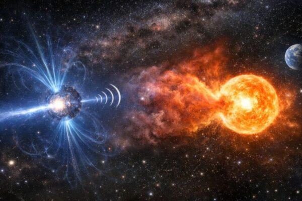 Rajadas de rádio revelam estrela companheira oculta no espaço (Imagem: Fala Ciência via ChatGPT)