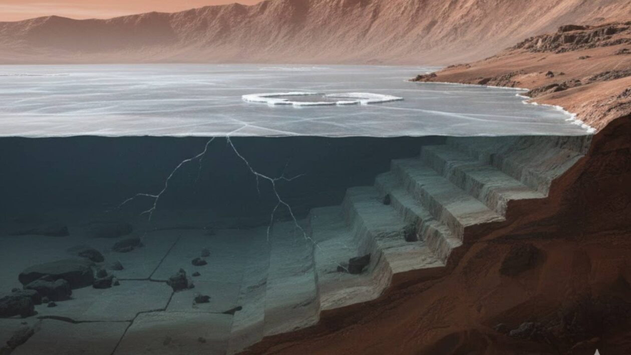 Lagos antigos de Marte podem ter permanecido líquidos sob gelo fino. (Imagem: Fala Ciência via Gemini)