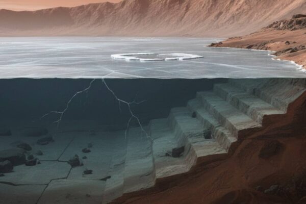 Lagos antigos de Marte podem ter permanecido líquidos sob gelo fino. (Imagem: Fala Ciência via Gemini)