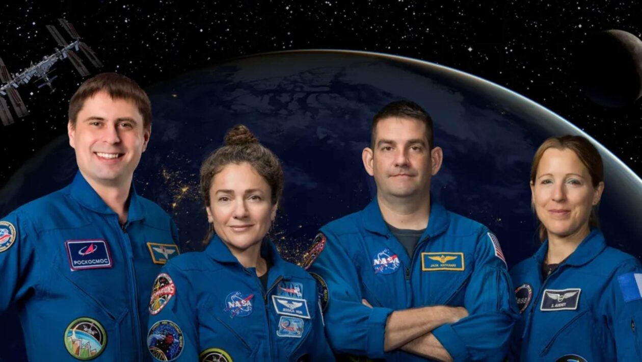 Tripulação da Crew-12 na ISS: Andrey Fedyaev, Jessica Meir, Jack Hathaway e Sophie Adenot (Imagem: NASA)