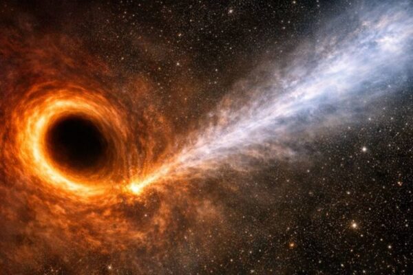 Buraco negro M87* com jato de partículas emanando da base. (Imagem: Fala Ciência via ChatGPT)