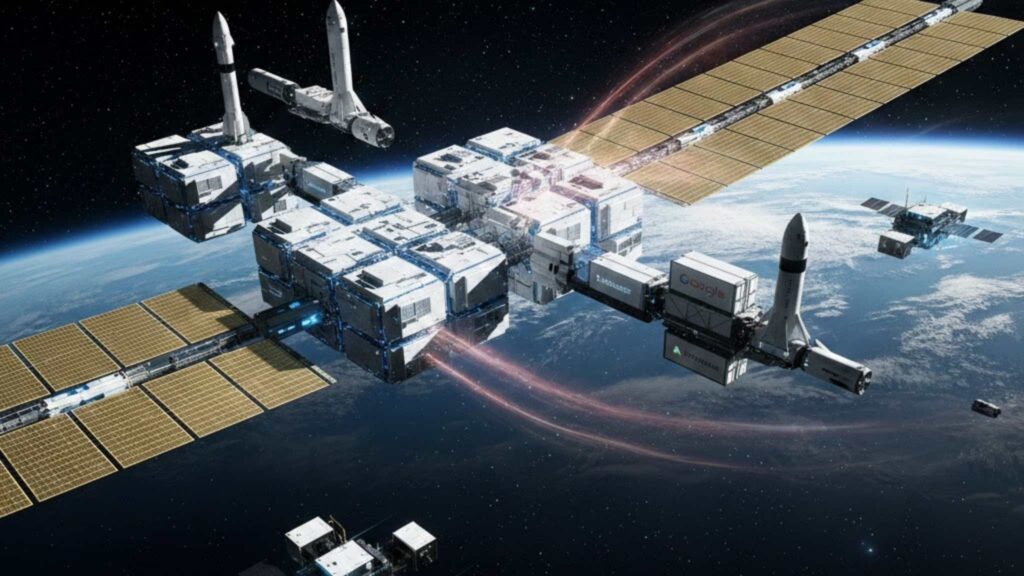 Google, SpaceX e Blue Origin lideram corrida por computação orbital (Imagem: Fala Ciência via Gemini)
