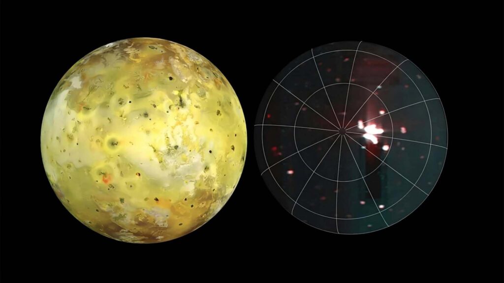 Comparação de Io: Galileu em 1999 e Juno mostrando ponto quente em 2024 (Imagem: Universidade do Arizona / NASA / JPL-Caltech / SwRI / ASI / INAF / JIRAM)