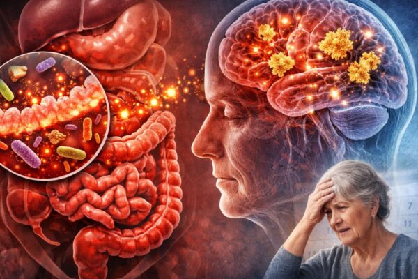 Inflamação intestinal pode influenciar o avanço do Alzheimer. (Foto: Fala Ciência via ChatGpt)