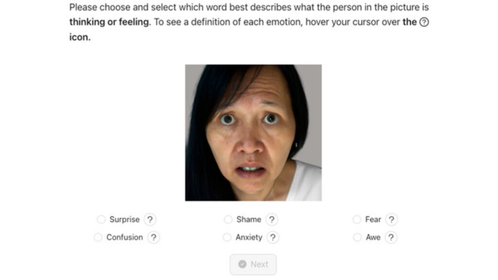 Exemplo do teste PAGE: participantes identificam a emoção medo. (Foto: Ben Weidmann via Journal of Intelligence)