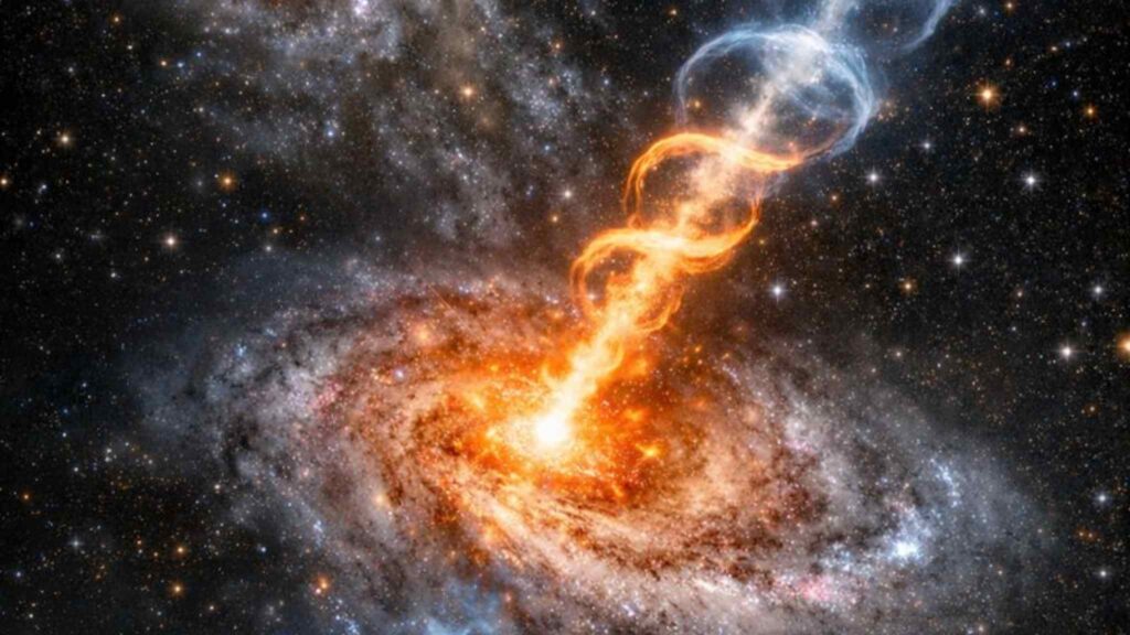 Jato de buraco negro arrasta gás e afeta toda galáxia VV 340a (Imagem: Fala Ciência via Gemini)
