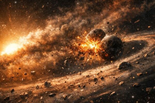 Nuvem metálica gigante revela colisão planetária no espaço (Imagem: Fala Ciência via ChatGPT)