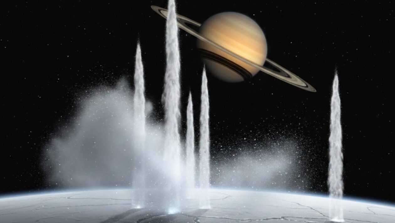 Plumas de Encélado revelam pistas sobre vida fora da Terra (Imagem: Fala Ciência via Gemini)