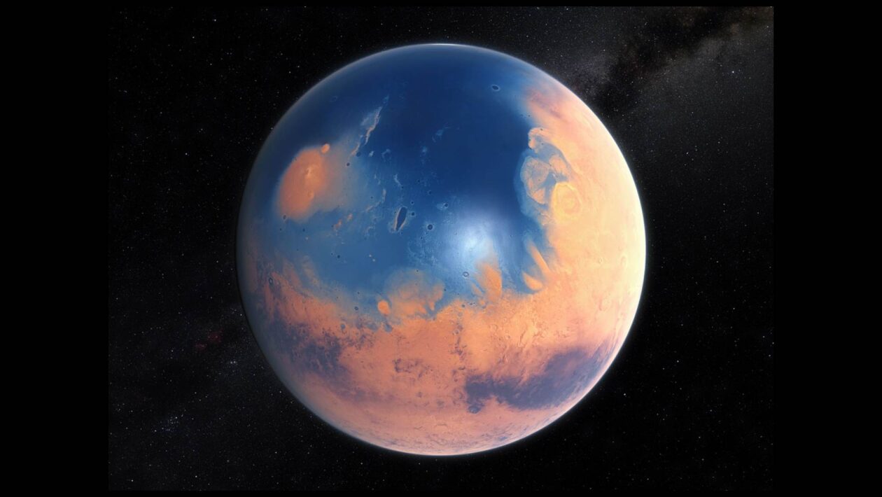 Marte já teve um oceano profundo que cobriu seu hemisfério norte. (Imagem: ESO/M. Kornmesser/N. Risinger)