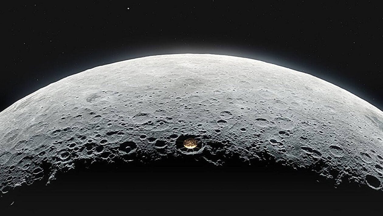 Conceito de radiotelescópio em cratera lunar no lado oculto (Imagem: Vladimir Vustyansky / NASA)