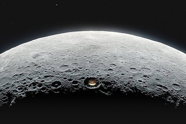 Conceito de radiotelescópio em cratera lunar no lado oculto (Imagem: Vladimir Vustyansky / NASA)