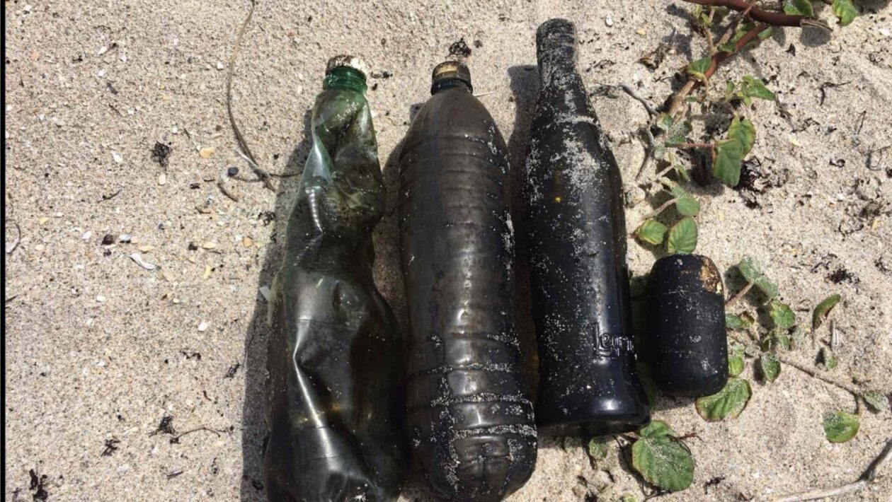 Plástico transporta petróleo por milhares de quilômetros no oceano (Imagem: Adaptado de Environmental Science & Technology 2026)