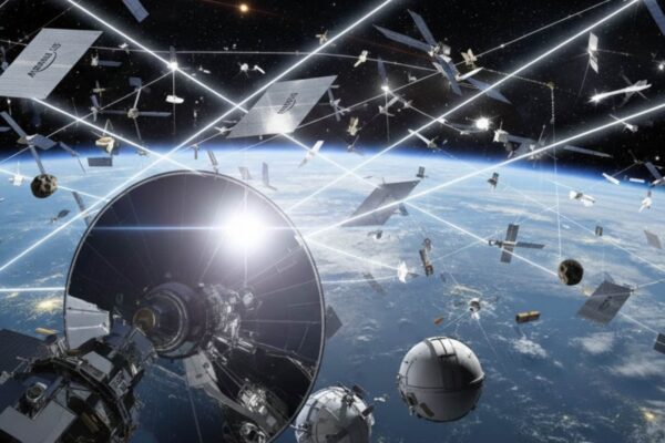 Satélites da Amazon brilham e atrapalham observações do espaço (Imagem: Fala Ciência via ChatGPT)