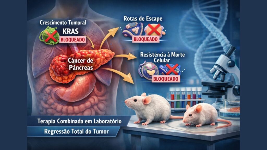 Combinação terapêutica impede avanço do câncer pancreático. (Foto: Fala Ciência via ChatGPT)