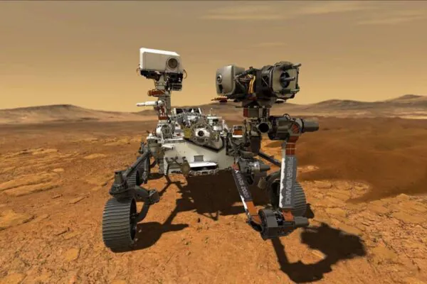 Imagem conceitual mostra o rover Perseverance da NASA em atividade na superfície de Marte (Imagem: NASA/JPL-Caltech)