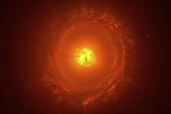 Ilustração mostra WOH G64 com estrela companheira envolta por poeira toroidal (Imagem: ESO/L. Calçada)