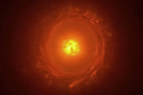 Ilustração mostra WOH G64 com estrela companheira envolta por poeira toroidal (Imagem: ESO/L. Calçada)