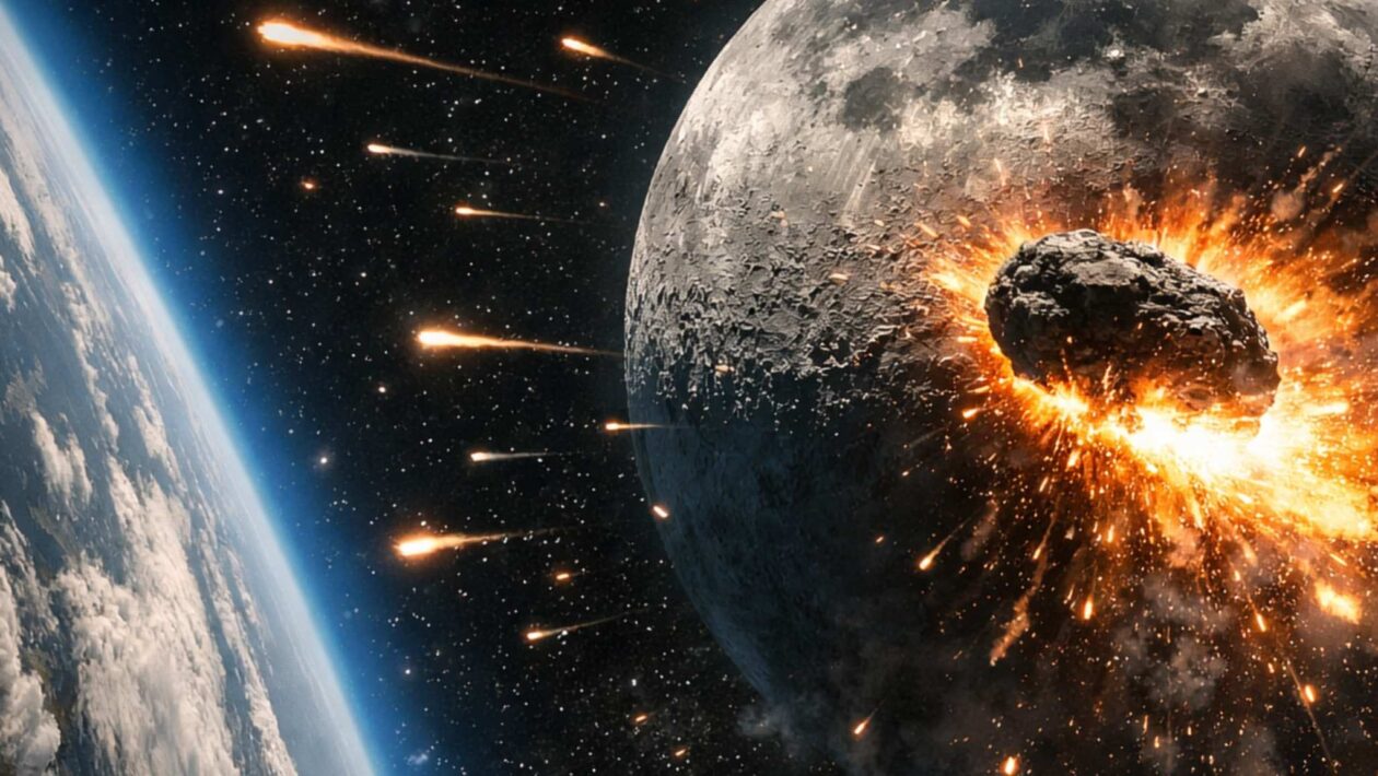Asteroide pode colidir com a Lua e gerar clarão visível da Terra (Imagem: Fala Ciência via ChatGPT)