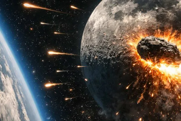 Asteroide pode colidir com a Lua e gerar clarão visível da Terra (Imagem: Fala Ciência via ChatGPT)