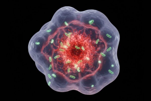 Bactéria modificada ataca tumor por dentro. (Foto: Fala Ciência via Gemini)