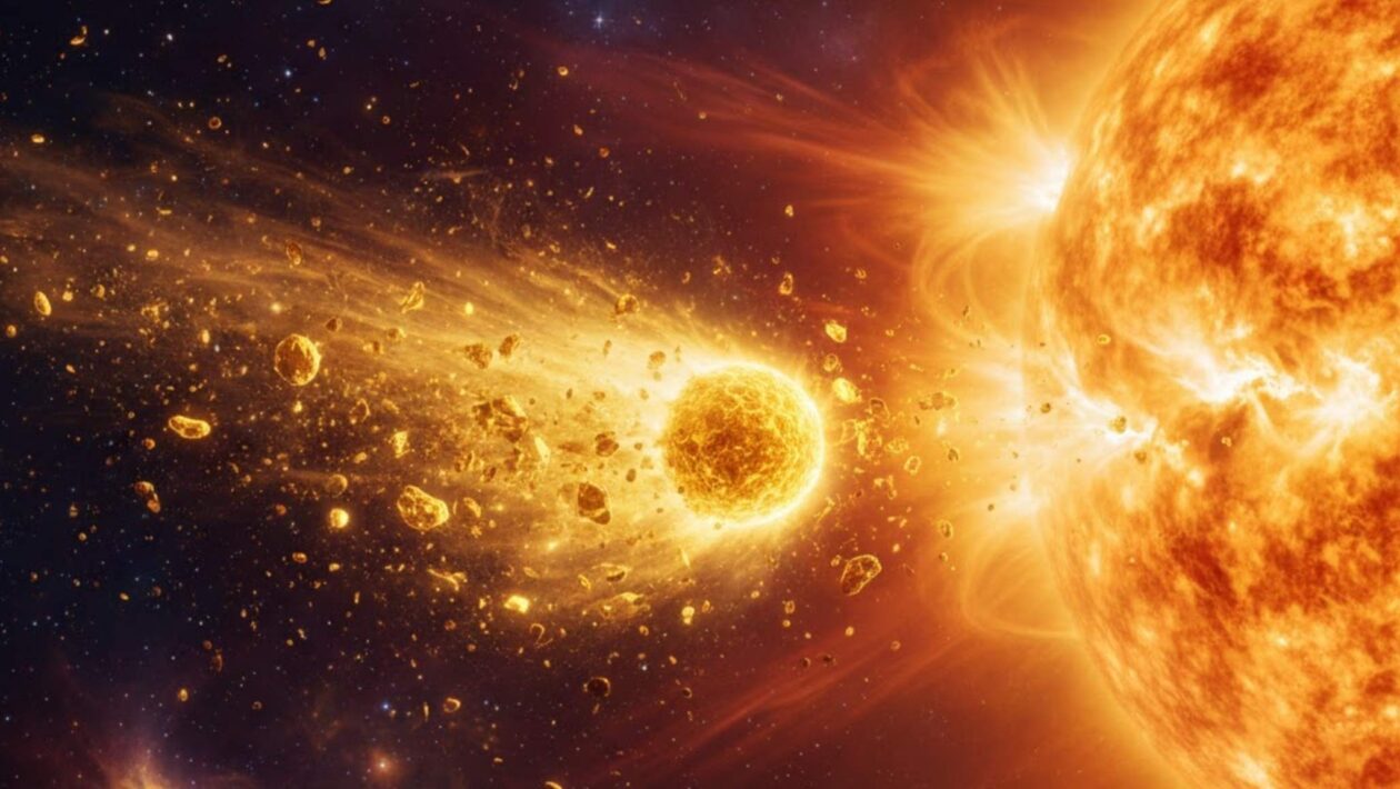 Cometa dourado começa a se fragmentar após passar perto do Sol (Imagem: Fala Ciência via Gemini)