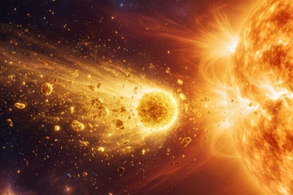 Cometa dourado começa a se fragmentar após passar perto do Sol (Imagem: Fala Ciência via Gemini)