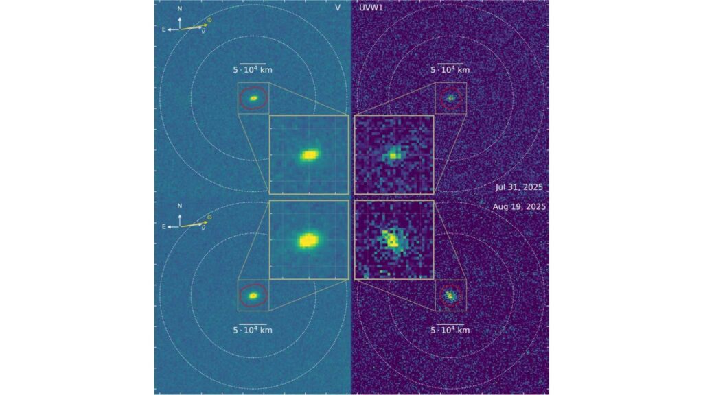 Imagens do 3I/ATLAS revelam emissão ultravioleta associada à liberação de água no espaço (Imagem: Dennis Bodewits, Universidade de Auburn)
