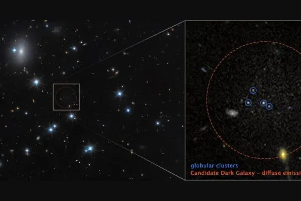 A galáxia CDG-2, pouco luminosa, aparece à direita e é rica em matéria escura (Imagem: NASA, ESA, Dayi Li (UToronto); Processamento de imagem: Joseph DePasquale (STScI))