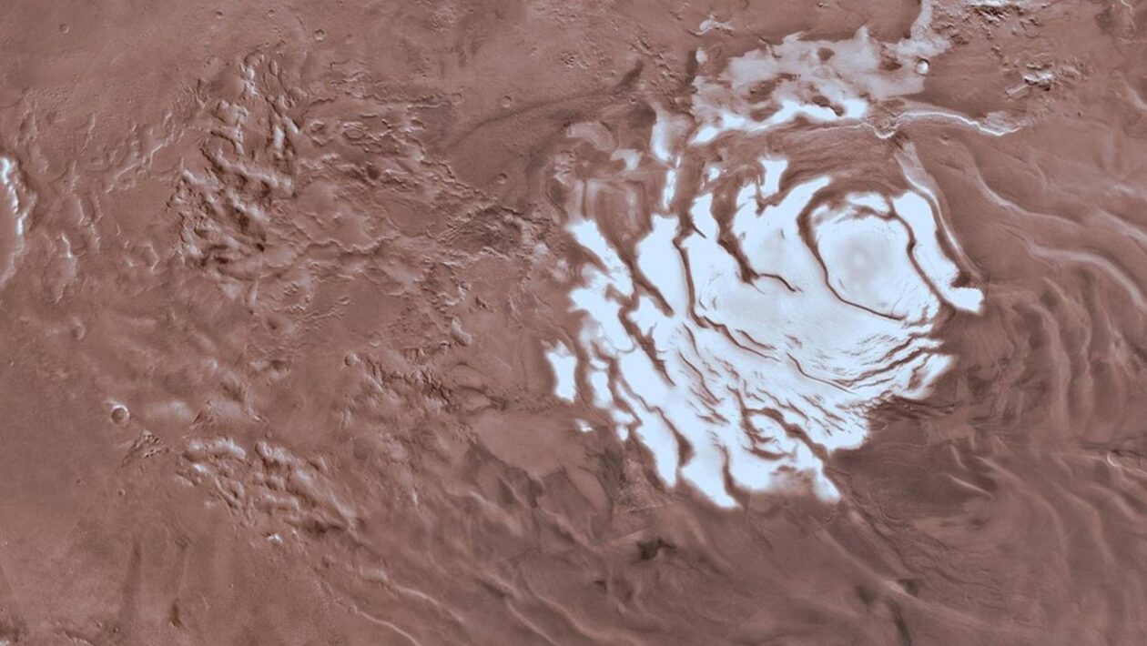 Gelo de Marte pode guardar vestígios de vida antiga (Imagem: Centro de Ciências de Astrogeologia do USGS, Universidade Estadual do Arizona, INAF)
