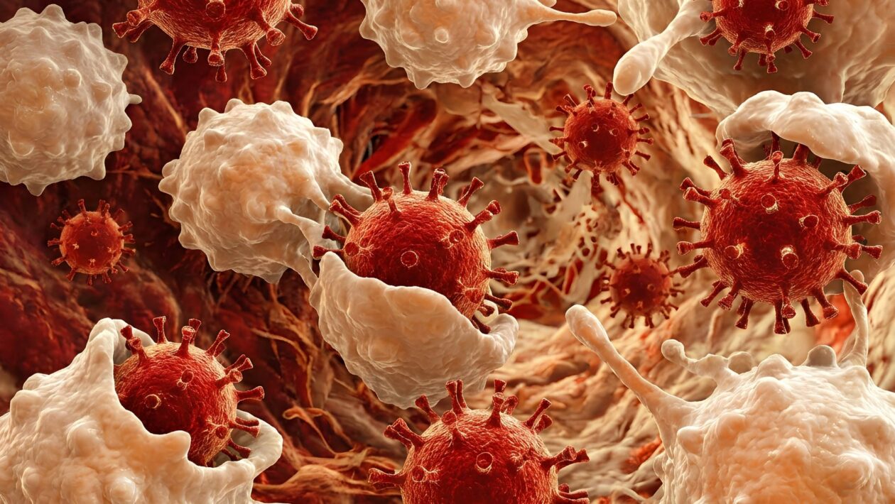 Ilustração do vírus Nipah interagindo com células do sangue branco. (Foto: Concrete Supply Co via Canva)