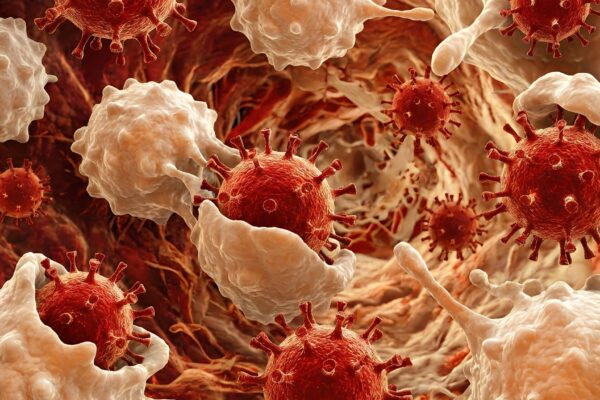 Ilustração do vírus Nipah interagindo com células do sangue branco. (Foto: Concrete Supply Co via Canva)