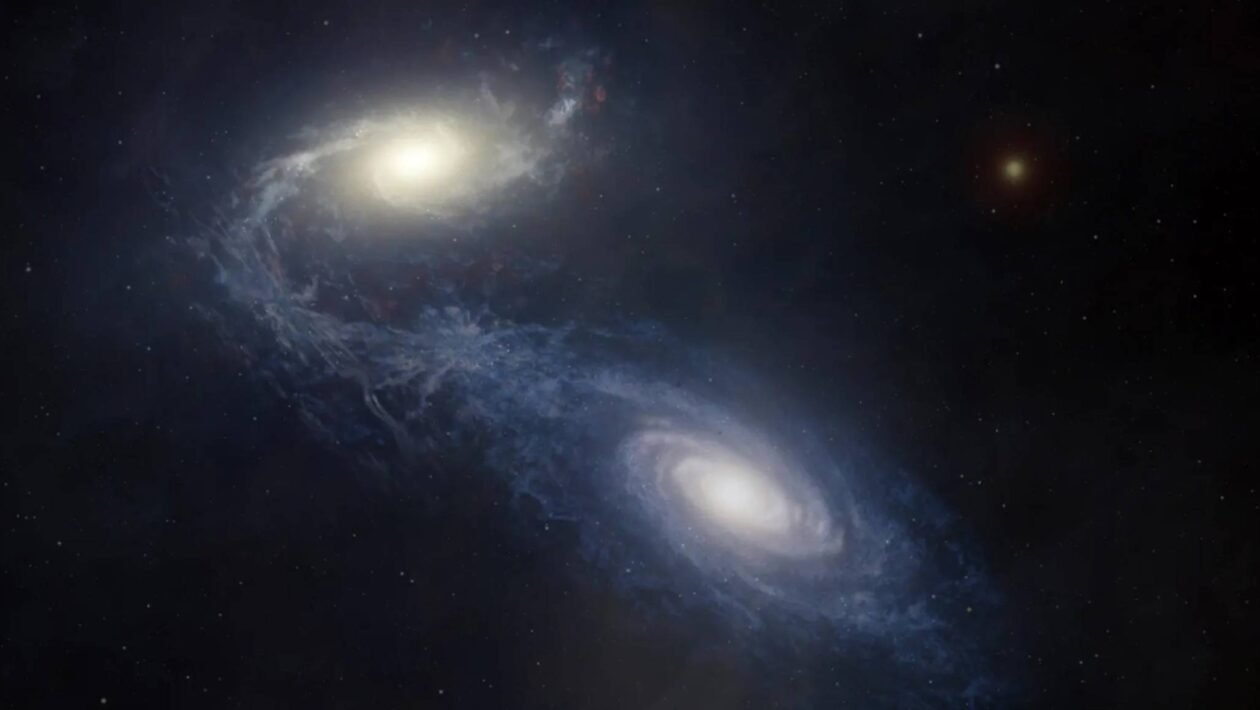 Ilustração mostra NGC 1365 em fusão galáctica, revelando evolução por assinaturas químicas ao longo do tempo. (Imagem: Melissa Weiss/CfA)