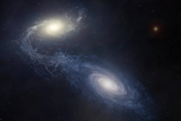 Ilustração mostra NGC 1365 em fusão galáctica, revelando evolução por assinaturas químicas ao longo do tempo. (Imagem: Melissa Weiss/CfA)