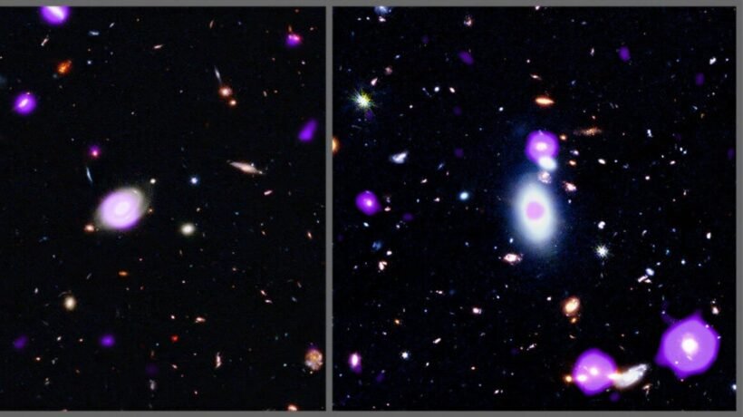 Buracos negros supermassivos desaceleram crescimento devido à escassez de gás frio no universo (Imagem: Raio X: NASA/CXC/Penn State Univ./Z. Yu et al.; Óptica (HST): NASA/ESA/STScI; Infravermelho: NASA/ESA/CSA/STScI; Processamento de imagem: NASA/CXC/SAO/P. Edmonds, L. Frattare)