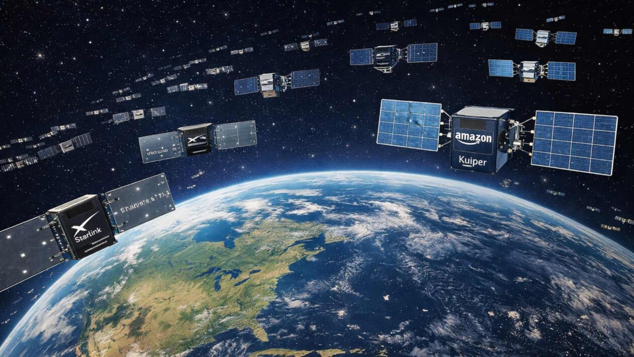 Satélites da Starlink e Kuiper orbitam a Terra em disputa espacial (Imagem: Fala Ciência via ChatGPT)