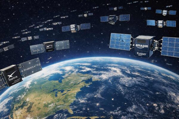 Satélites da Starlink e Kuiper orbitam a Terra em disputa espacial (Imagem: Fala Ciência via ChatGPT)