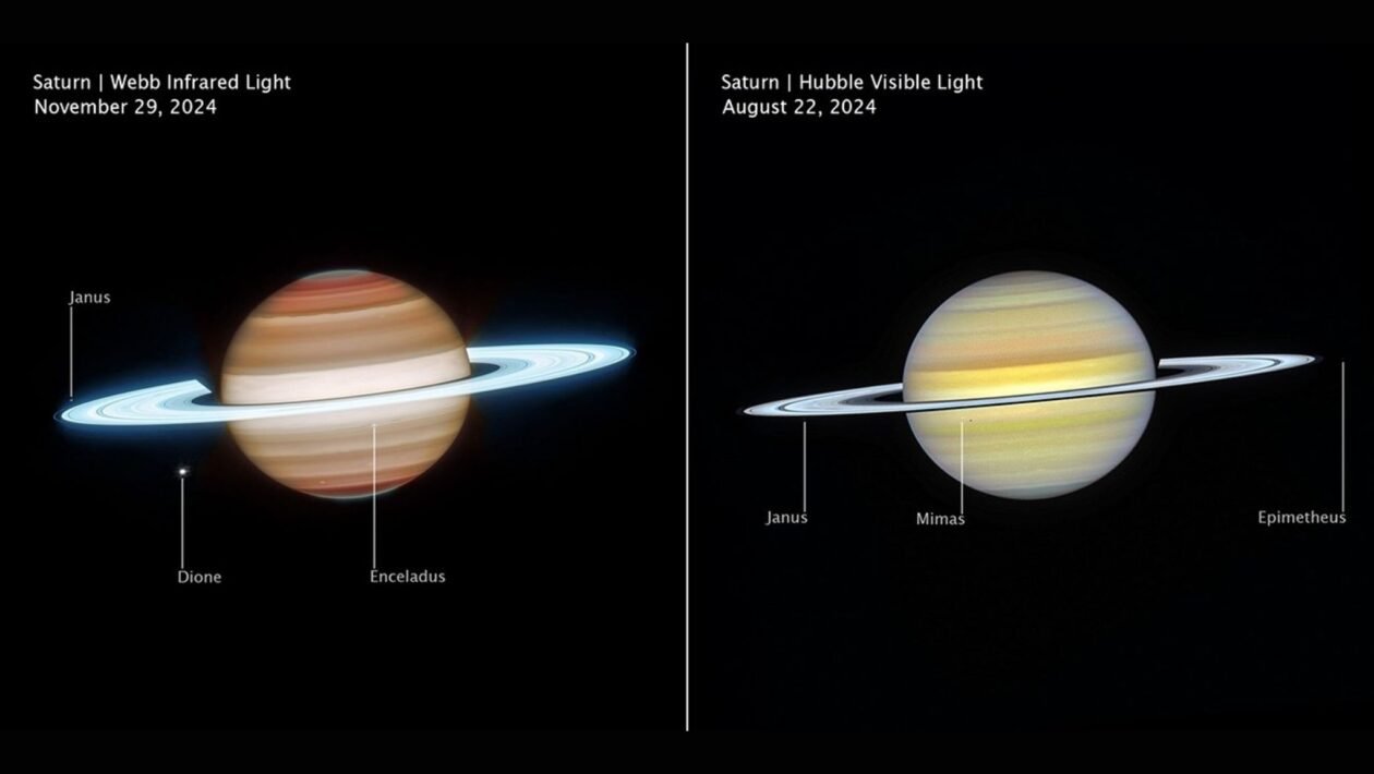 Registros combinados de Webb e Hubble revelam Saturno ativo, com atmosfera complexa, luas e anéis luminosos. (Imagem: NASA, ESA, CSA, STScI, Amy Simon (NASA-GSFC), Michael Wong (UC Berkeley); Processamento da imagem: Joseph DePasquale (STScI))