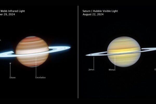 Registros combinados de Webb e Hubble revelam Saturno ativo, com atmosfera complexa, luas e anéis luminosos. (Imagem: NASA, ESA, CSA, STScI, Amy Simon (NASA-GSFC), Michael Wong (UC Berkeley); Processamento da imagem: Joseph DePasquale (STScI))