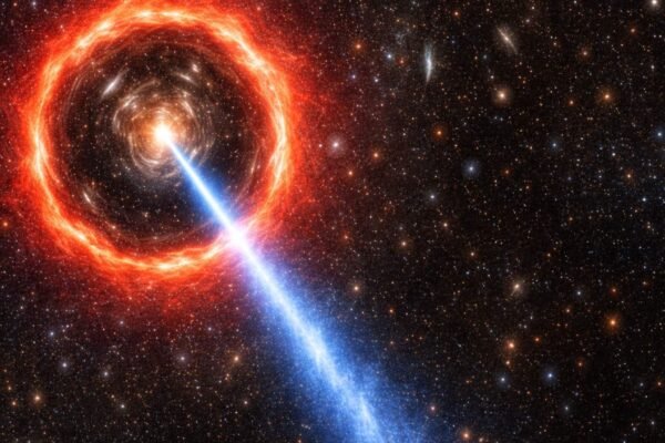 Feixe cósmico colossal atravessa bilhões de anos e intriga cientistas (Imagem: Fala Ciência via ChatGPT)