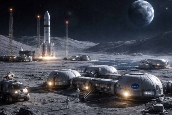 NASA prioriza base lunar e redefine planos da exploração espacial moderna (Imagem: Fala Ciência via ChatGPT)