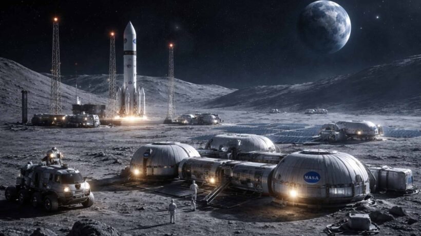 NASA prioriza base lunar e redefine planos da exploração espacial moderna (Imagem: Fala Ciência via ChatGPT)