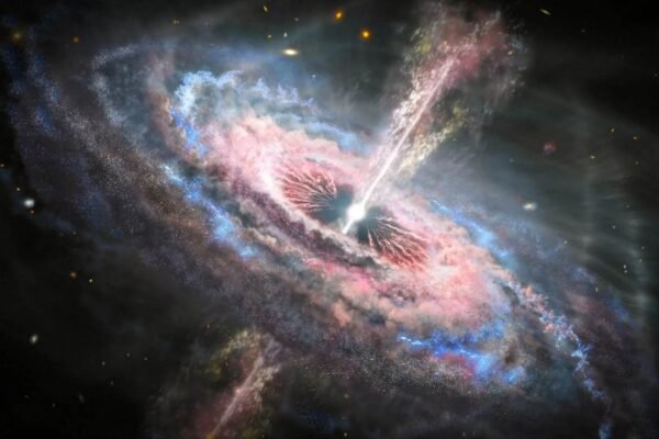 Ilustração mostra quasar brilhante: buraco negro supermassivo moldando sua galáxia com radiação intensa (Imagem: NASA, ESA, Joseph Olmsted (STScI))