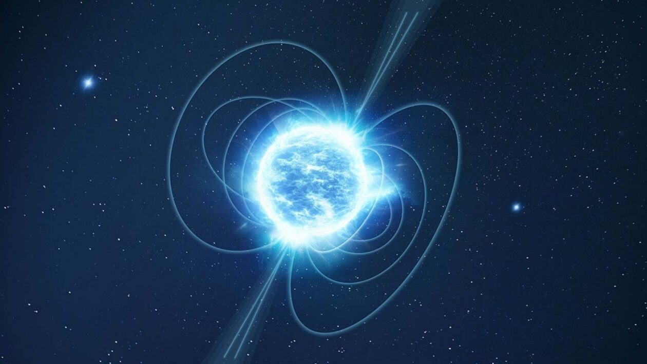 Ilustração mostra magnetar, estrela de nêutrons compacta com campo magnético extremamente intenso. (Imagem: ESA)